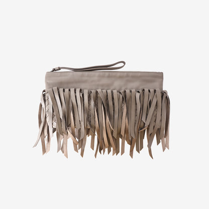 Bottega Veneta Fringe Clutch Bag in Grey Calf Leather/Suede