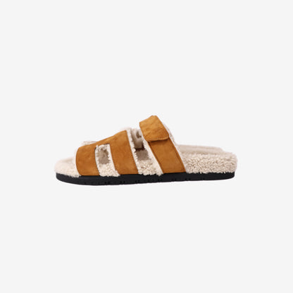 Hermès Chypre Shearling Sandals in Naturel and Écru Suede Goatskin (Size 42)