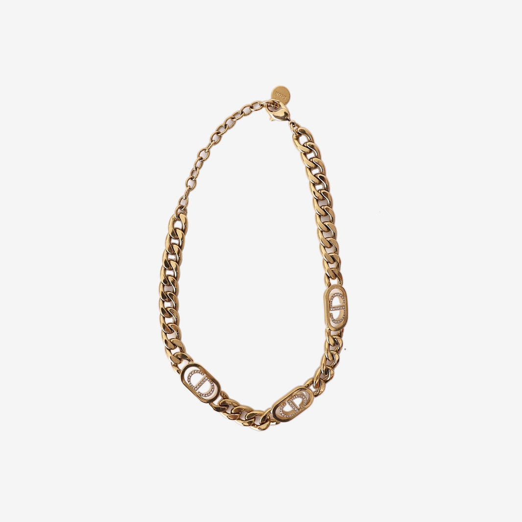 Dior Vintage 30 Montaigne CD Necklace in Gold-Plated Metal with White Crystals