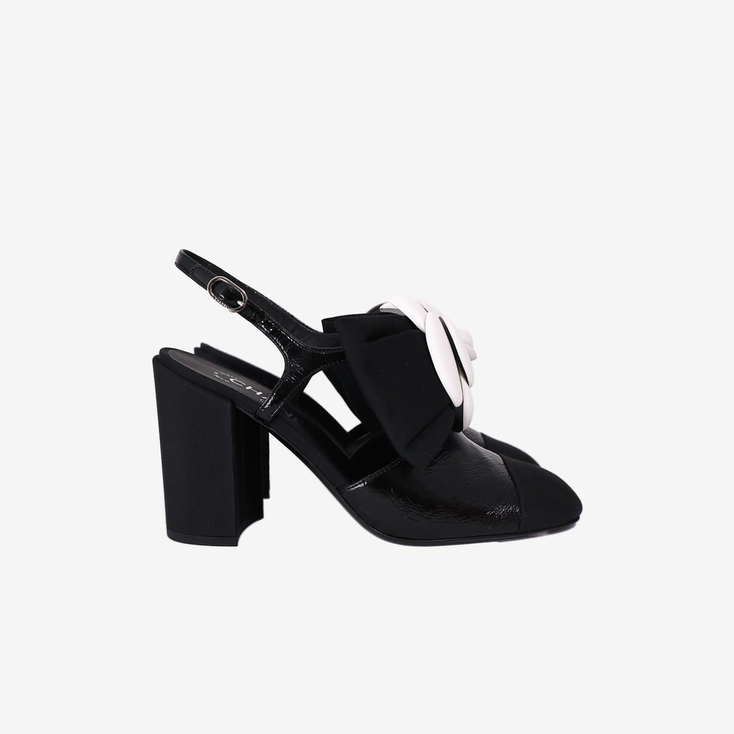 Chanel Camellia Bow Slingback Pumps in Black Crumpled Shiny Fabric (Size 38.5)