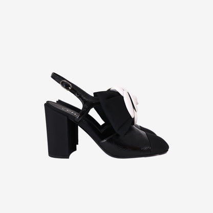 Chanel Camellia Bow Slingback Pumps in Black Crumpled Shiny Fabric (Size 38.5)
