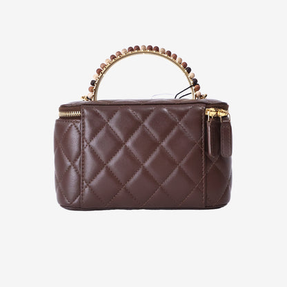 Chanel Vanity Case with Beaded Handle Box Bag in Brown Lambskin Leather with Gold Hardware