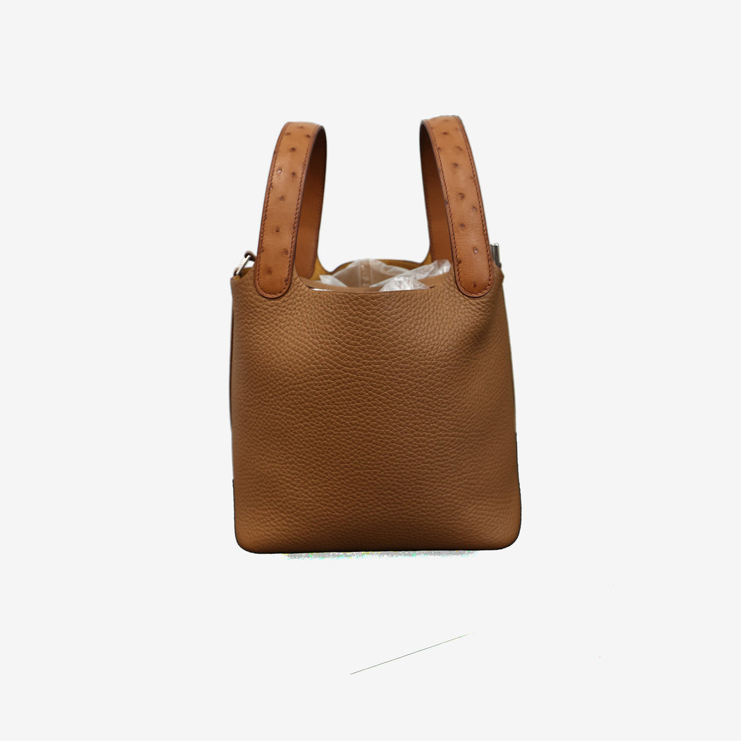 Hermès Picotin Lock 18 in Brown Taurillon Clemence Leather with Ostrich Handles and Gold Hardware