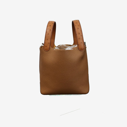 Hermès Picotin Lock 18 in Brown Taurillon Clemence Leather with Ostrich Handles and Gold Hardware