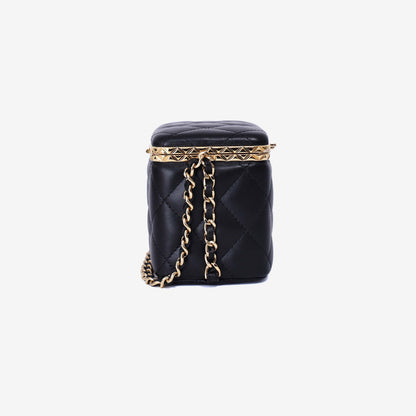 Chanel Lock Frame Vanity Case with Chain in Black Lambskin Leather with Gold Hardware