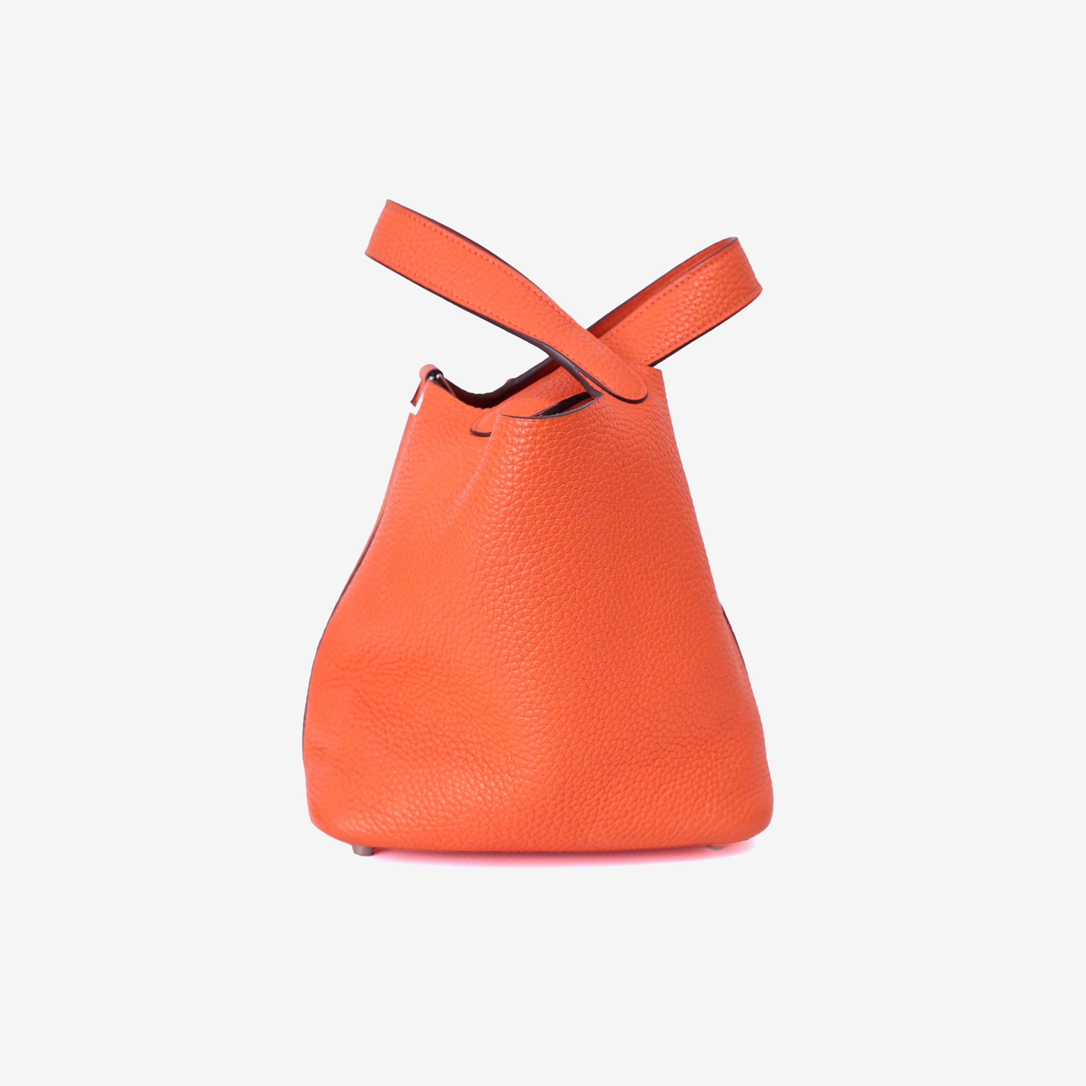 Hermès Picotin 18 in Feu Orange Clemence Leather with Palladium Hardware side view