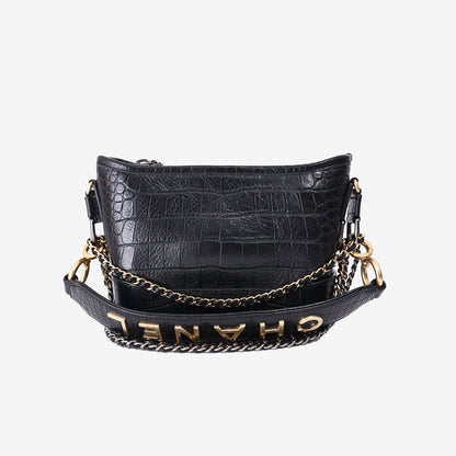 Chanel Small Gabrielle Hobo Bag in Black Crocodile-Embossed Calfskin Leather with Gold Hardware