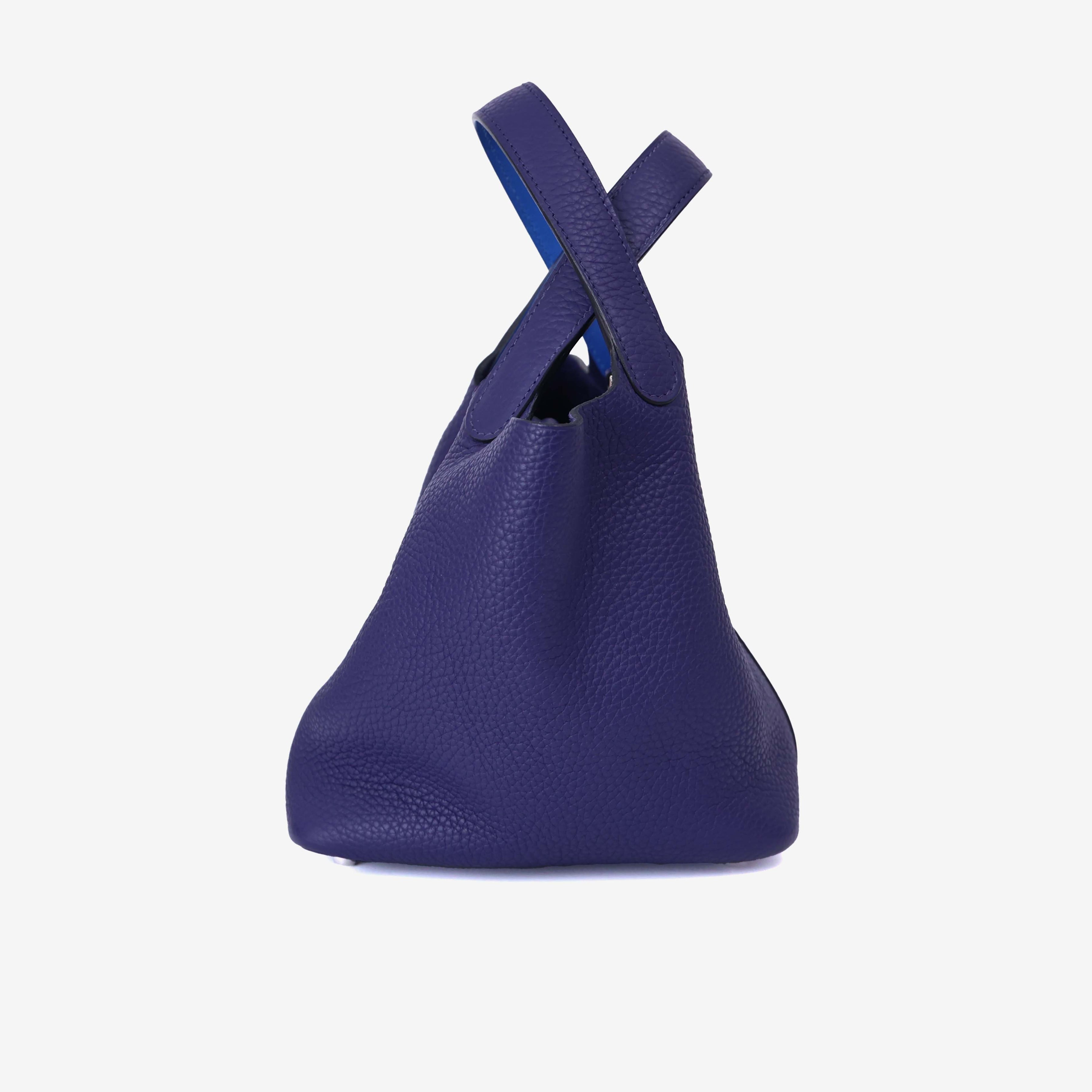 Hermès Picotin 18 in Bleu Encre Clemence Leather with Palladium Hardware side view