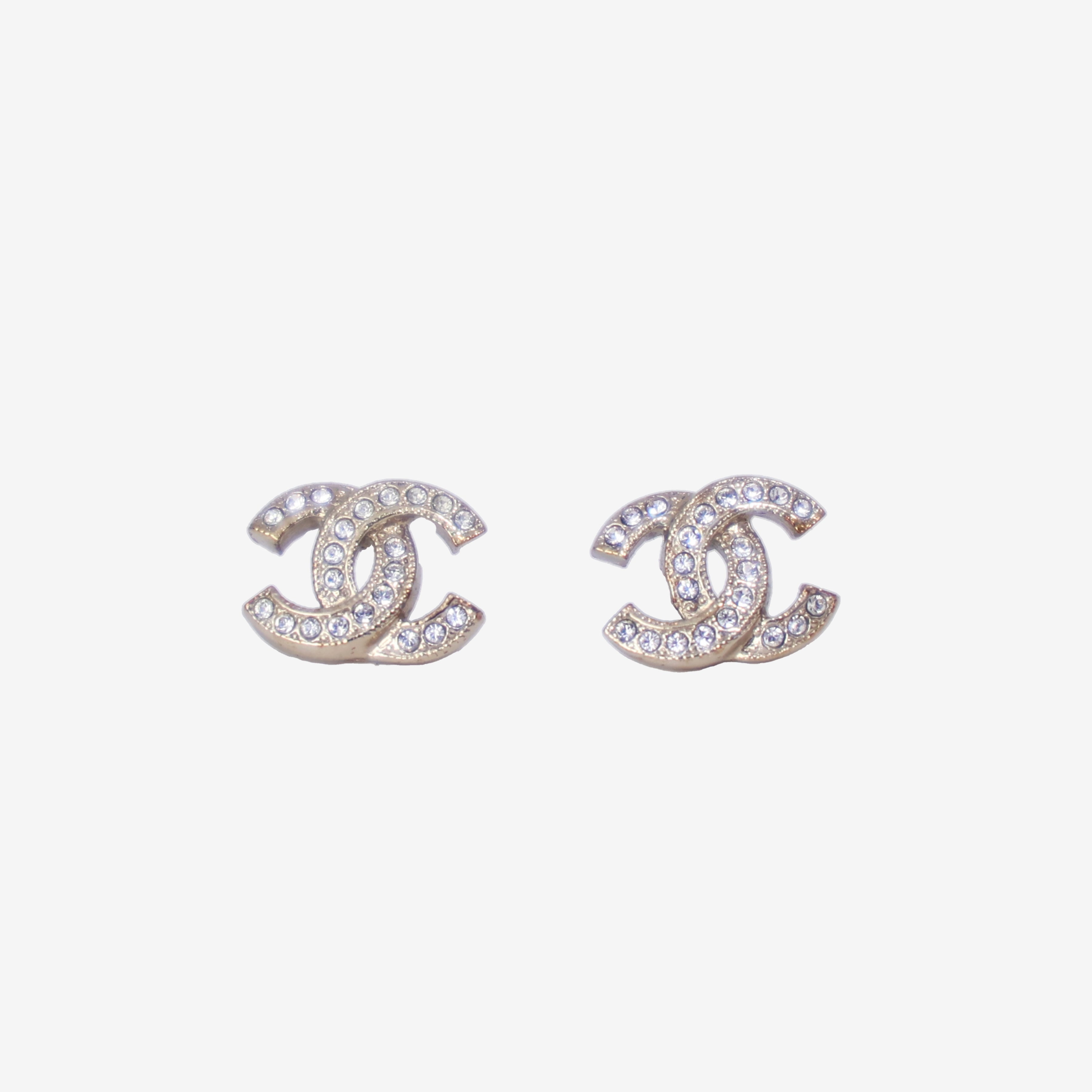 Chanel Mini CC Stud Earrings in Gold-Tone Metal with Crystal Detailing front view