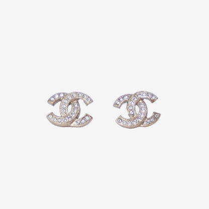 Chanel Mini CC Stud Earrings in Gold-Tone Metal with Crystal Detailing front view