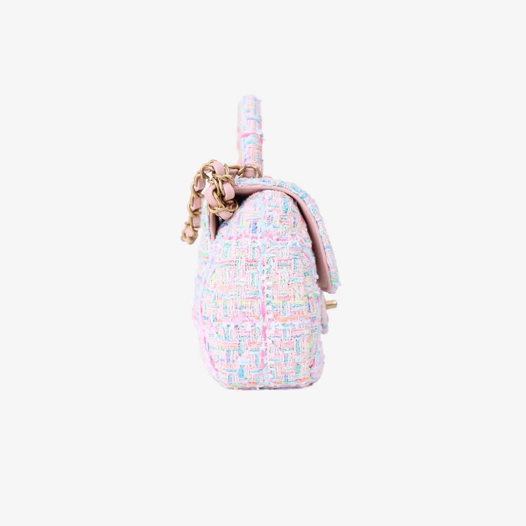 Chanel Mini Flap Bag with Top Handle in Pink Tweed Leather with Gold Hardware side view