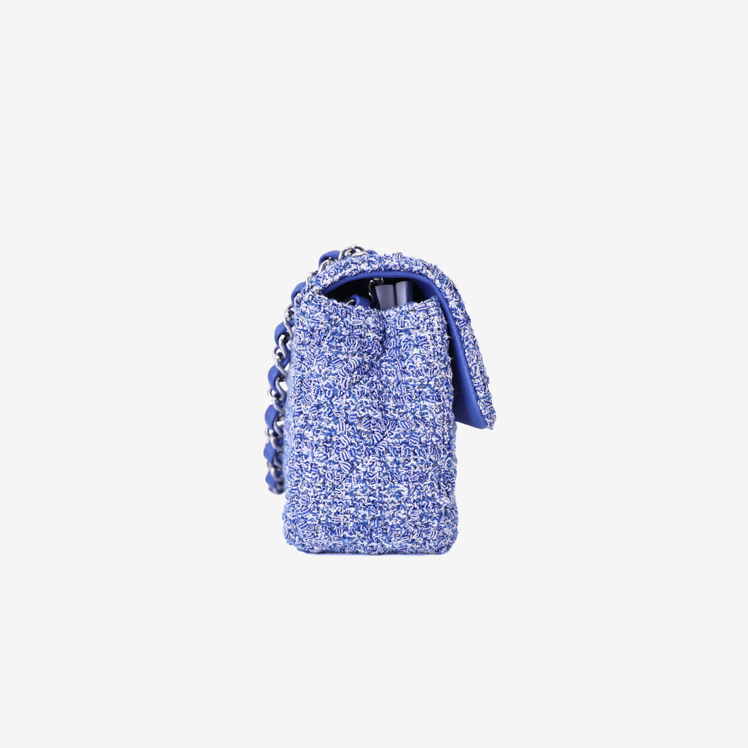 Chanel Mini Rectangular Flap Bag in Blue/White Tweed Leather with Silver Hardware side view