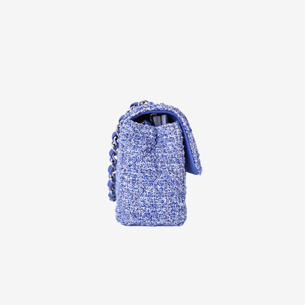 Chanel Mini Rectangular Flap Bag in Blue/White Tweed Leather with Silver Hardware side view