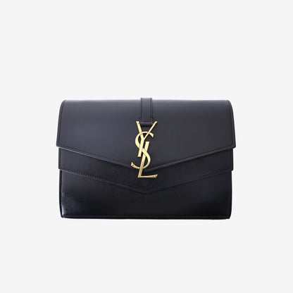 Saint Laurent Monogram Sulpice Chain Wallet in Black Calfskin Leather with Gold Hardware