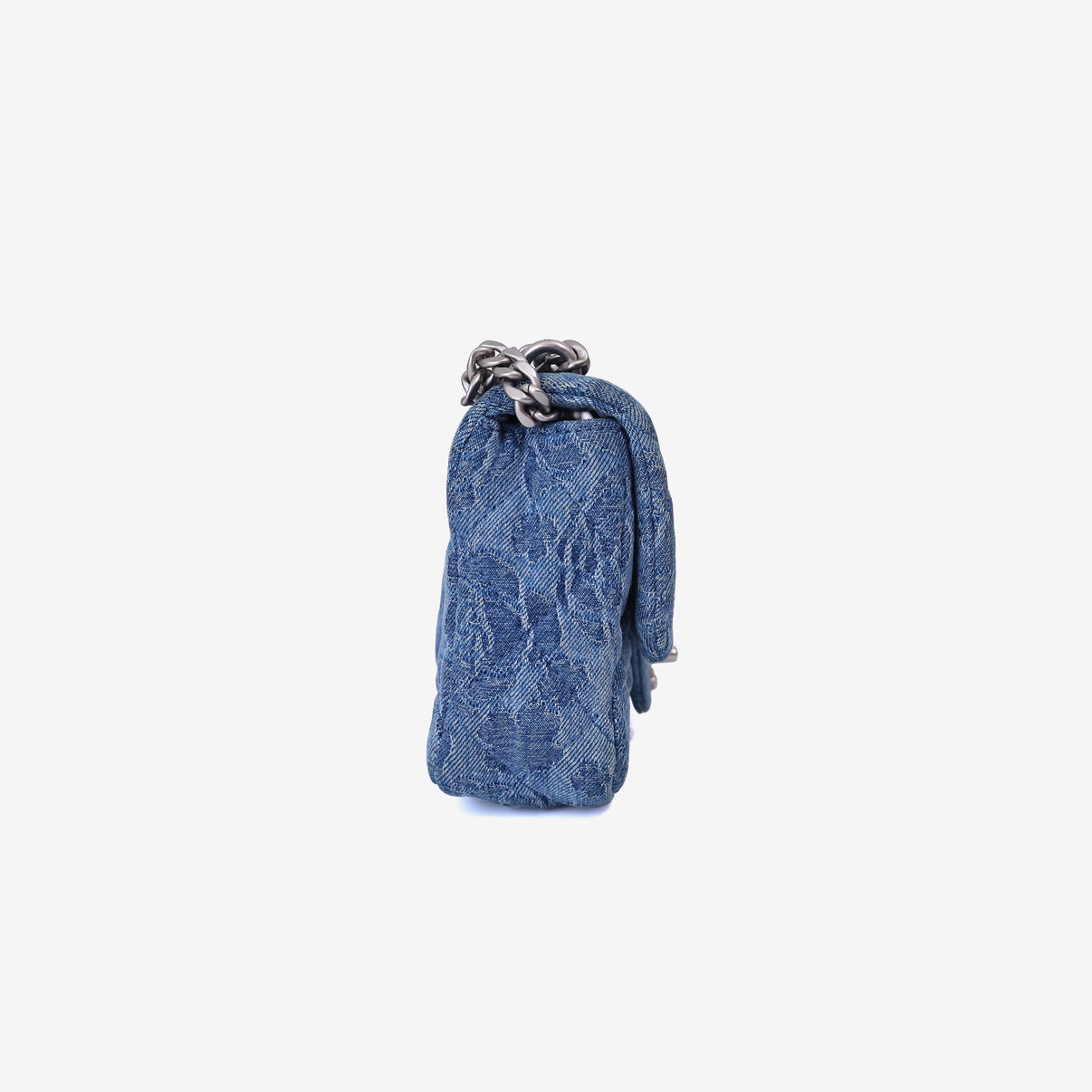 Chanel Heart Crush Mini Flap Bag in Blue Denim Leather with Silver Hardware side view