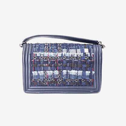 Chanel Medium Boy Bag in Dark Blue Patchwork Denim and Lambskin Leather with Silver Hardware