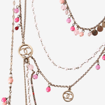 Chanel Vintage Long Multi-Strand Necklace with Pink CC Logo, Faux Pearls and Multicoloured Beads