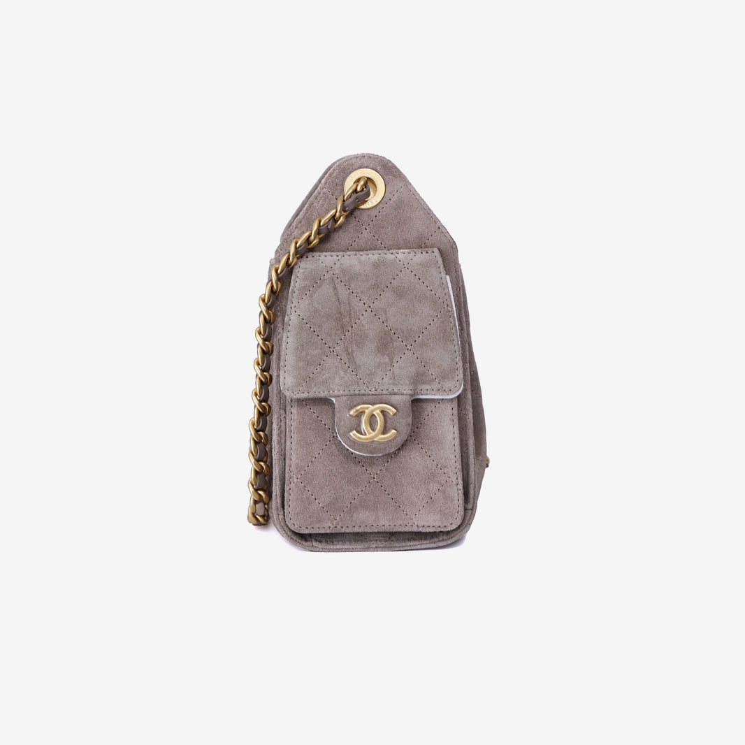 Chanel 25 Small Handbag in Dark Grey Suede with Gold Hardware side view