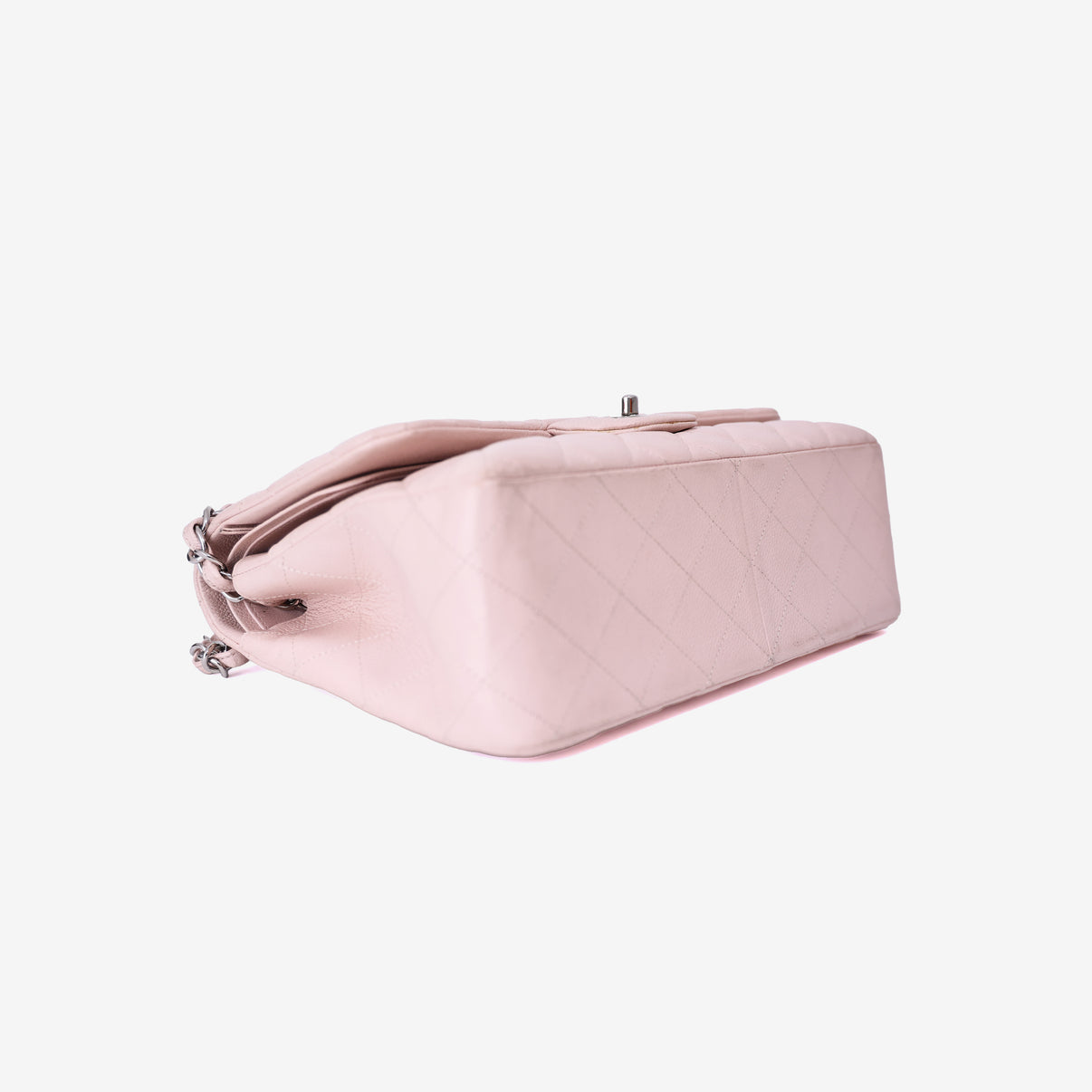 Chanel Classic Jumbo Flap Bag in Light Pink Grained Calfskin Leather with Silver Hardware bottom side view