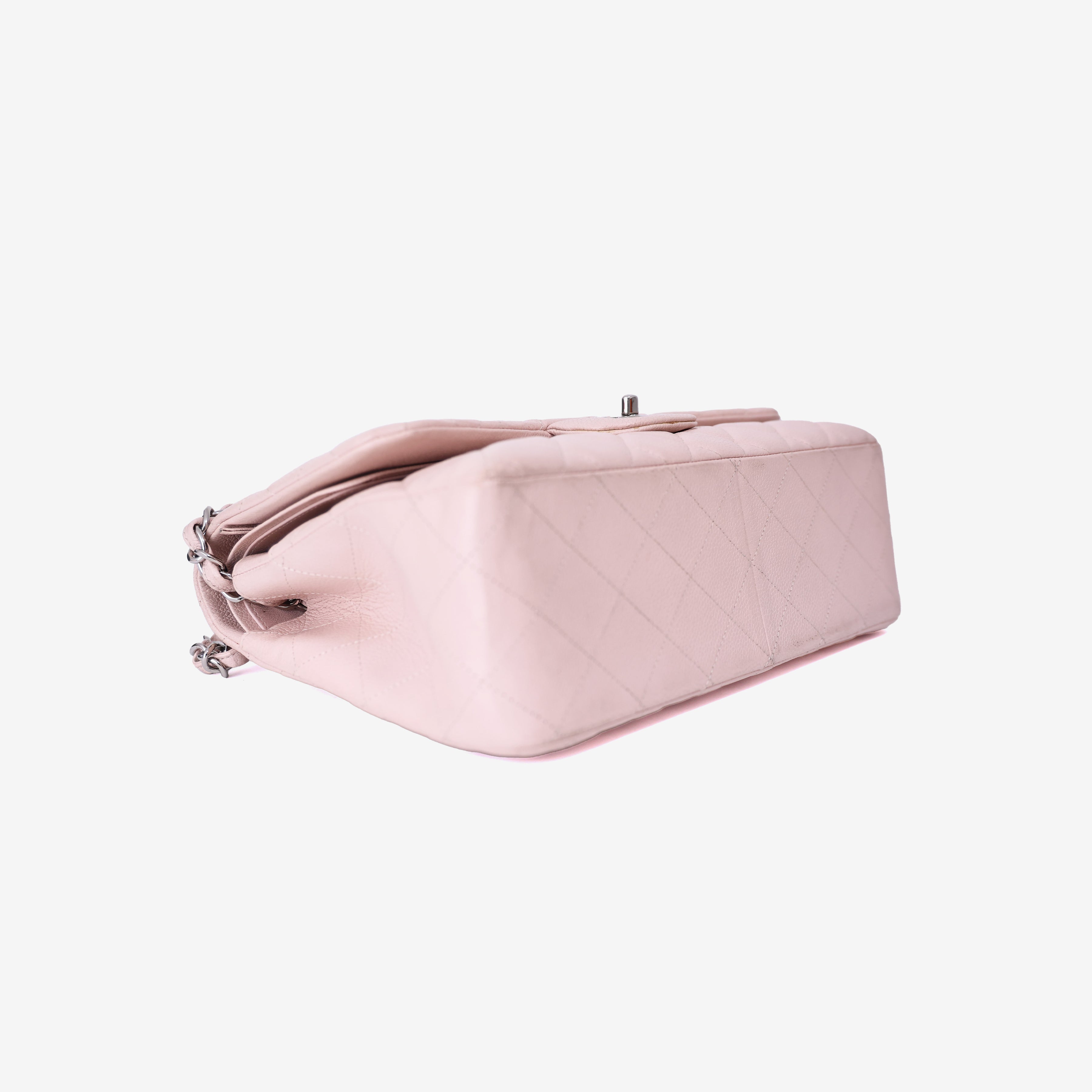 Chanel Classic Jumbo Flap Bag in Light Pink Grained Calfskin Leather with Silver Hardware bottom side view