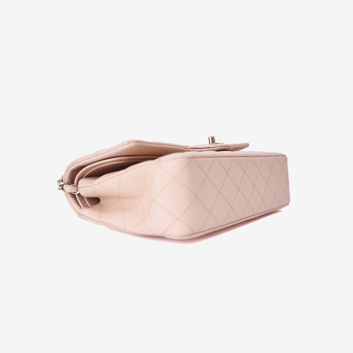 Chanel Classic Double Flap Medium Bag in Beige Clair Caviar Leather with Gold Hardware bottom side view