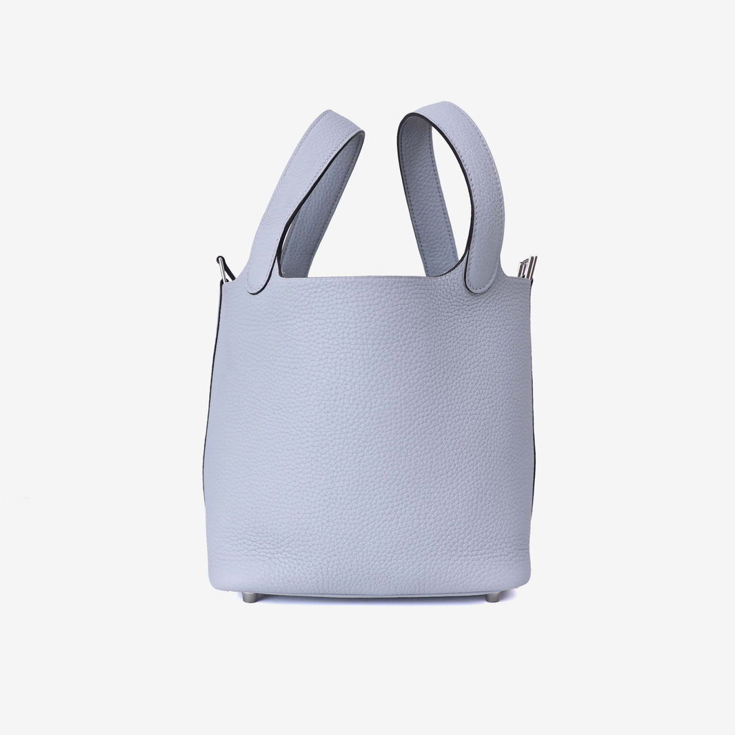 Hermès Picotin 18 in Bleu Glacier Clemence Leather with Palladium Hardware side view