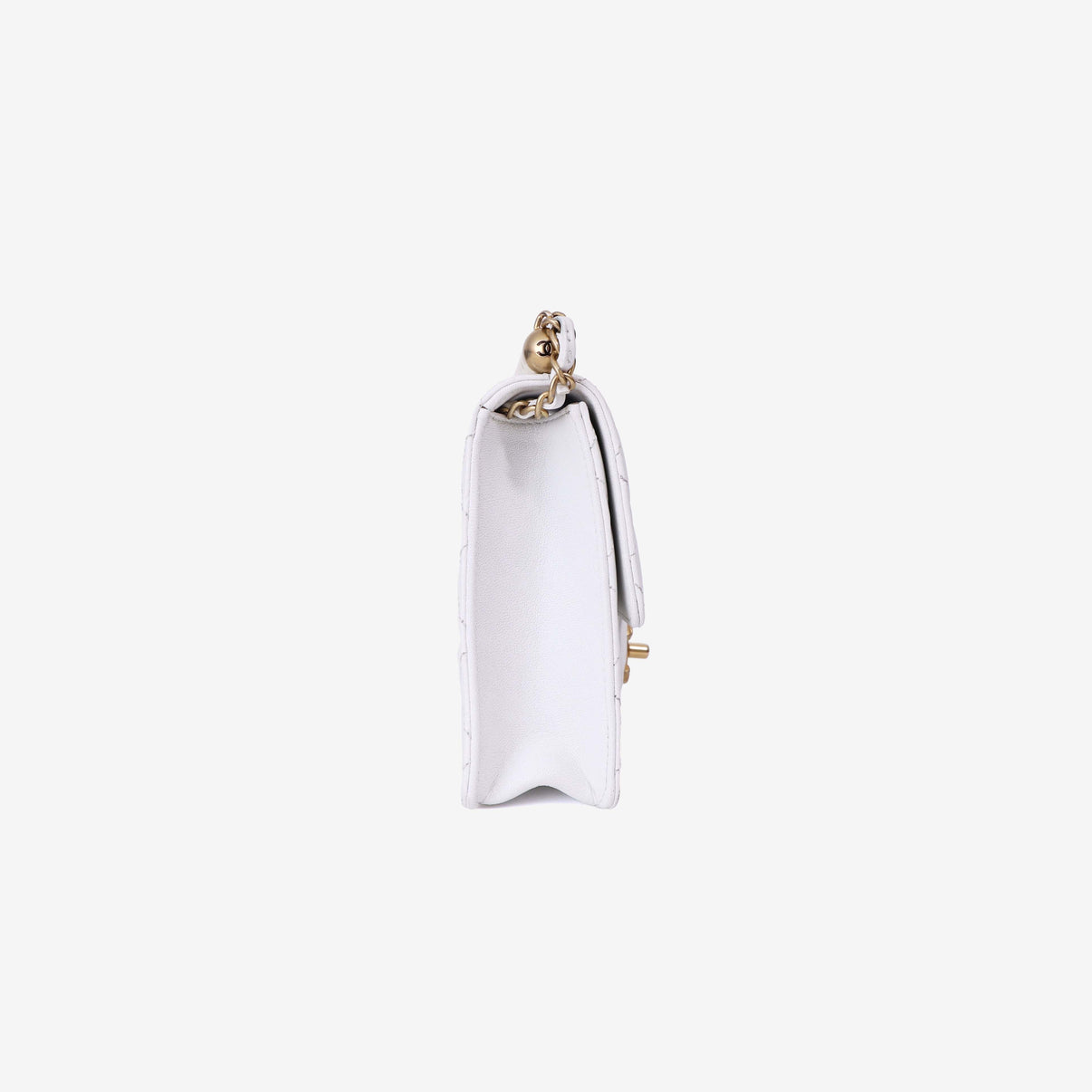 Chanel Classic Flap on Pearl Chain in White Lambskin with Gold Hardware side view