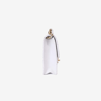 Chanel Classic Flap on Pearl Chain in White Lambskin with Gold Hardware side view