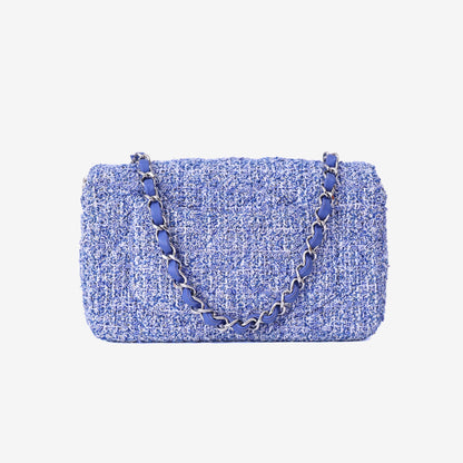 Chanel Mini Rectangular Flap Bag in Blue/White Tweed Leather with Silver Hardware back view