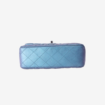 Chanel Mini Rectangular Classic Flap Bag in Iridescent Turquoise Blue Quilted Lambskin Leather with Silver Hardware
