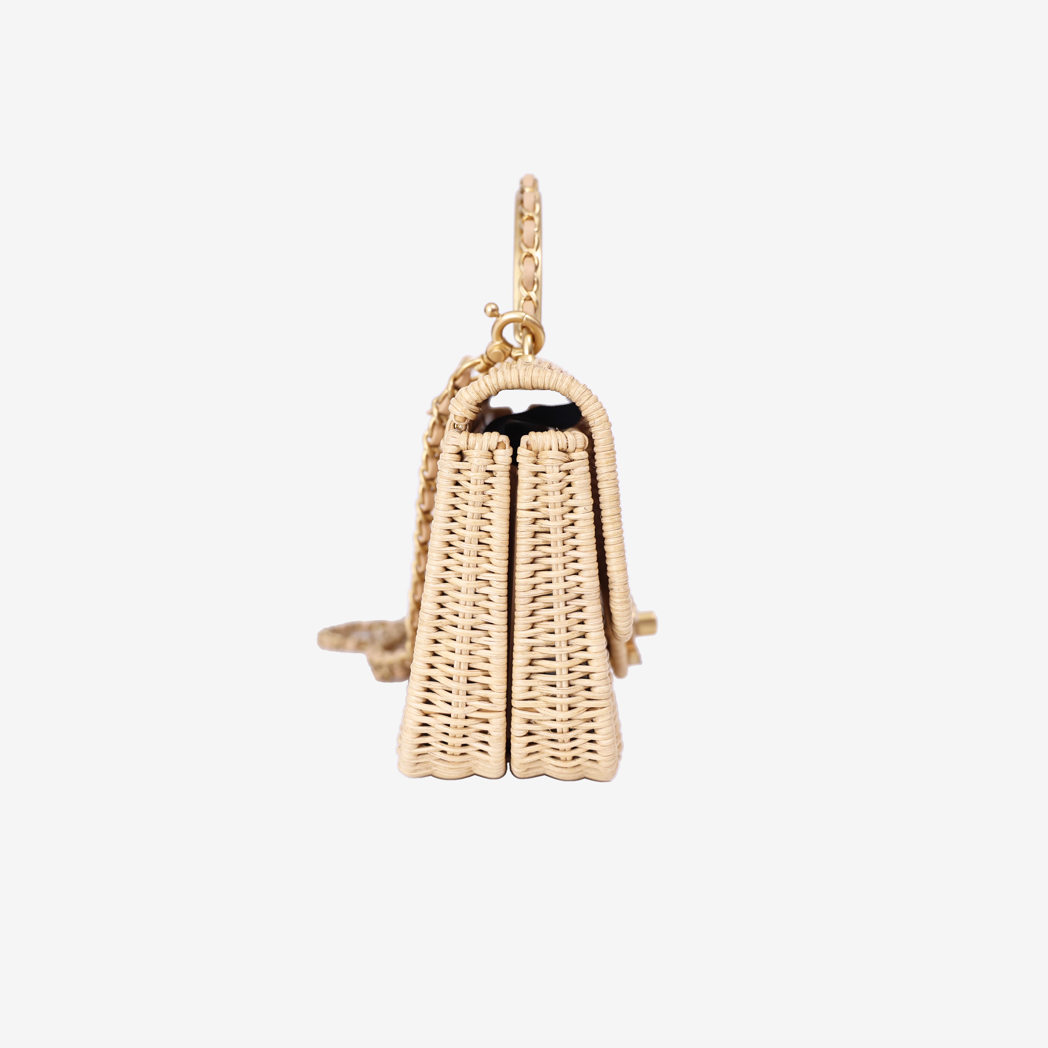Chanel Mini Flap Bag with Top Handle in Beige Braided Rattan with Gold Hardware side view