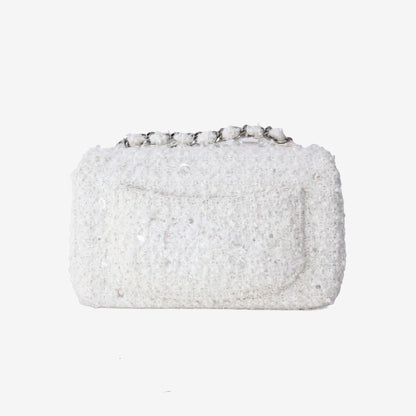 *EXCELLENT* Chanel Tweed Beaded Mini Rectangular Flap Bag in White Tweed with Palladium Hardware