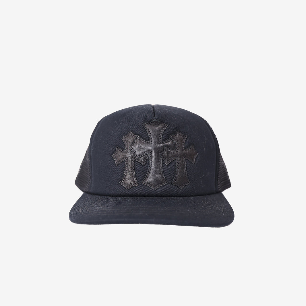 Chrome Hearts Trucker Hat in Black Polyester with Lambskin Leather Triple Cross Patch