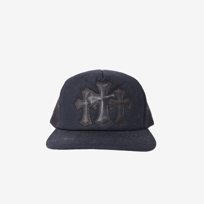 Chrome Hearts Trucker Hat in Black Polyester with Lambskin Leather Triple Cross Patch