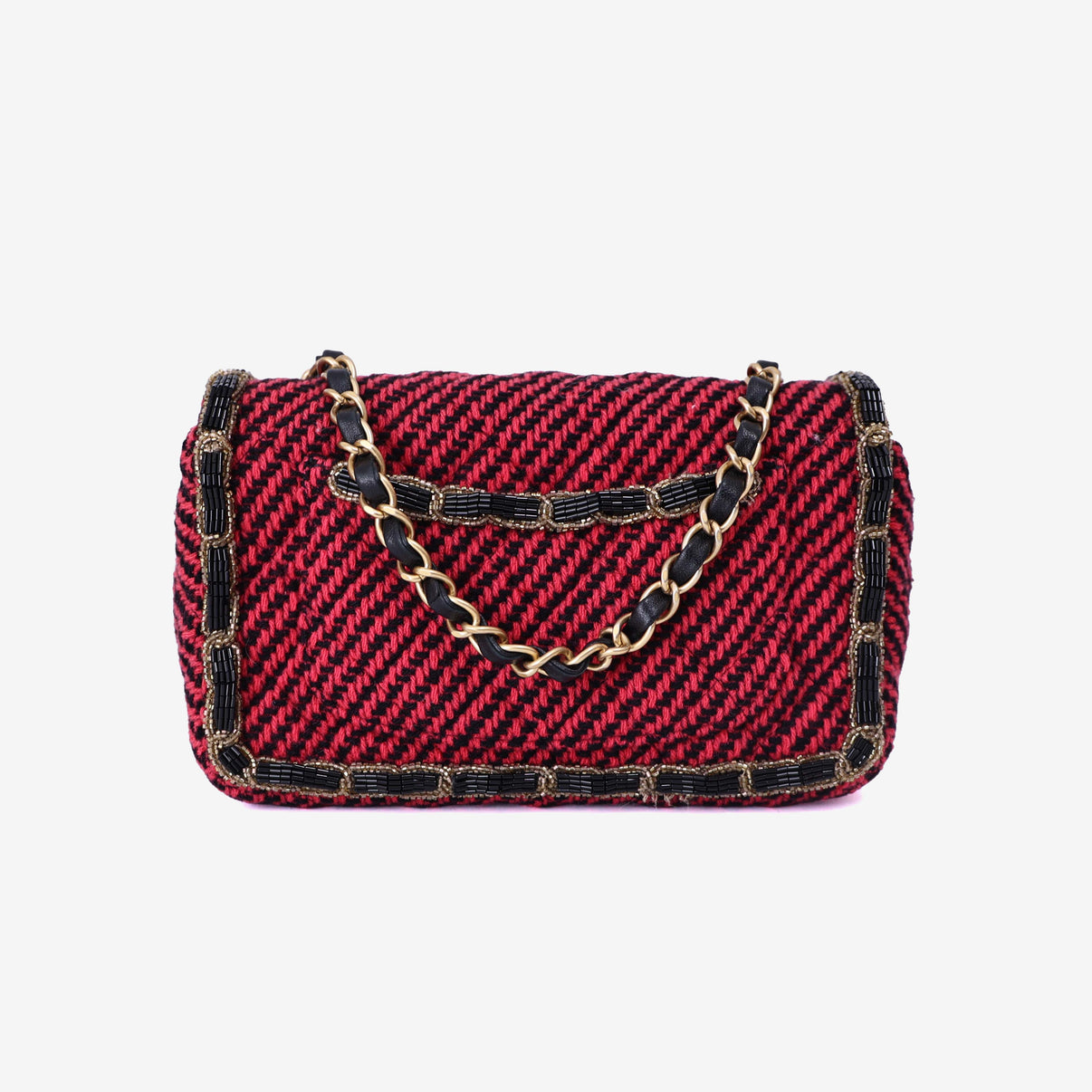 Chanel Classic Single Flap Mini Bag in Multicolour Braided Quilted Wool and Beaded Trim with Gold Hardware back view