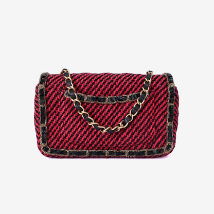 Chanel Classic Single Flap Mini Bag in Multicolour Braided Quilted Wool and Beaded Trim with Gold Hardware back view