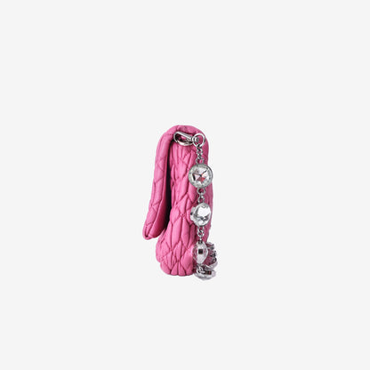 Miu Miu Crystal Shoulder Clutch Bag in Fuchsia Pink Nappa Lambskin with Silver Hardware