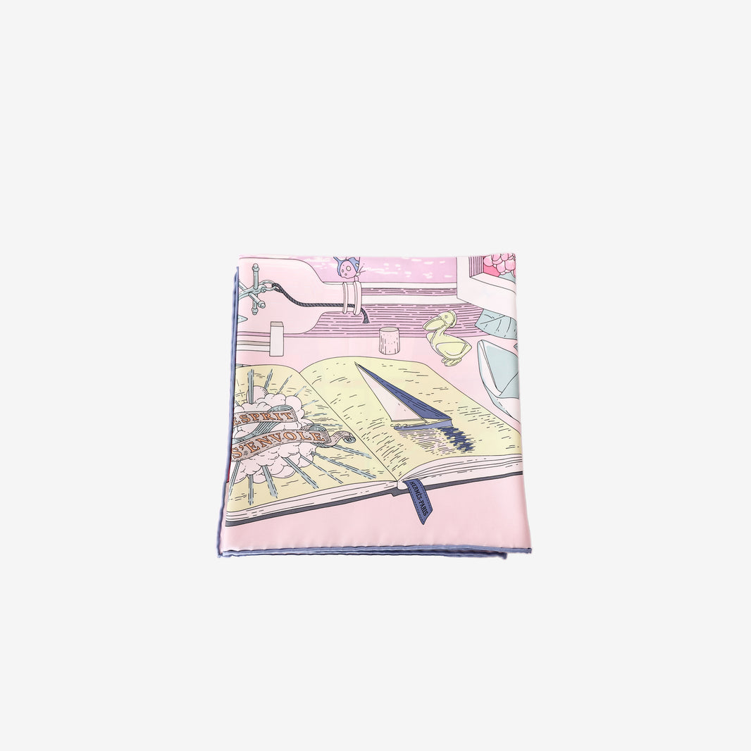 Hermès Carré 90 L'Esprit s'Envole Silk Scarf in Rose Bonbon/Parme/Bleu Jean