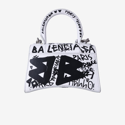 Balenciaga Hourglass XS Top Handle Bag in White Graffiti Print Leather with Silver Hardware