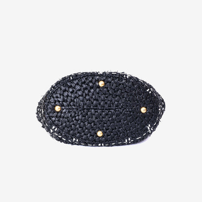 Chanel Raffia Effect Tote in Black/White Tweed Raffia Effect with Gold Hardware bottom view