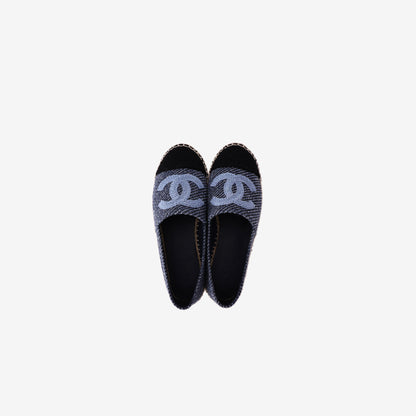 Chanel Tweed Espadrilles in Black and Blue Tweed with CC Detail (Size 36)