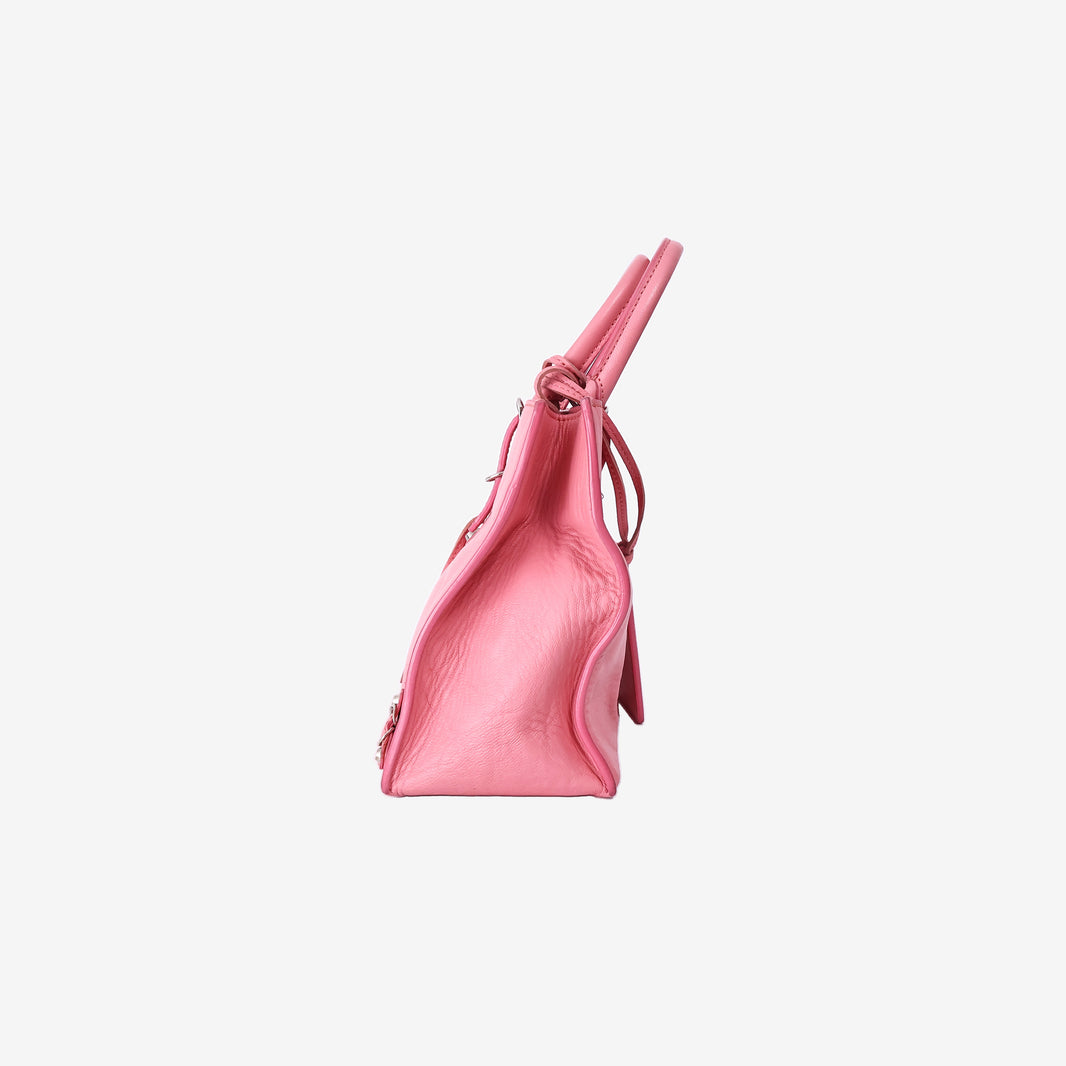 Balenciaga Papier Mini Glitter Distressed Lambskin Top Handle Crossbody Bag in Pink with Silver Hardware