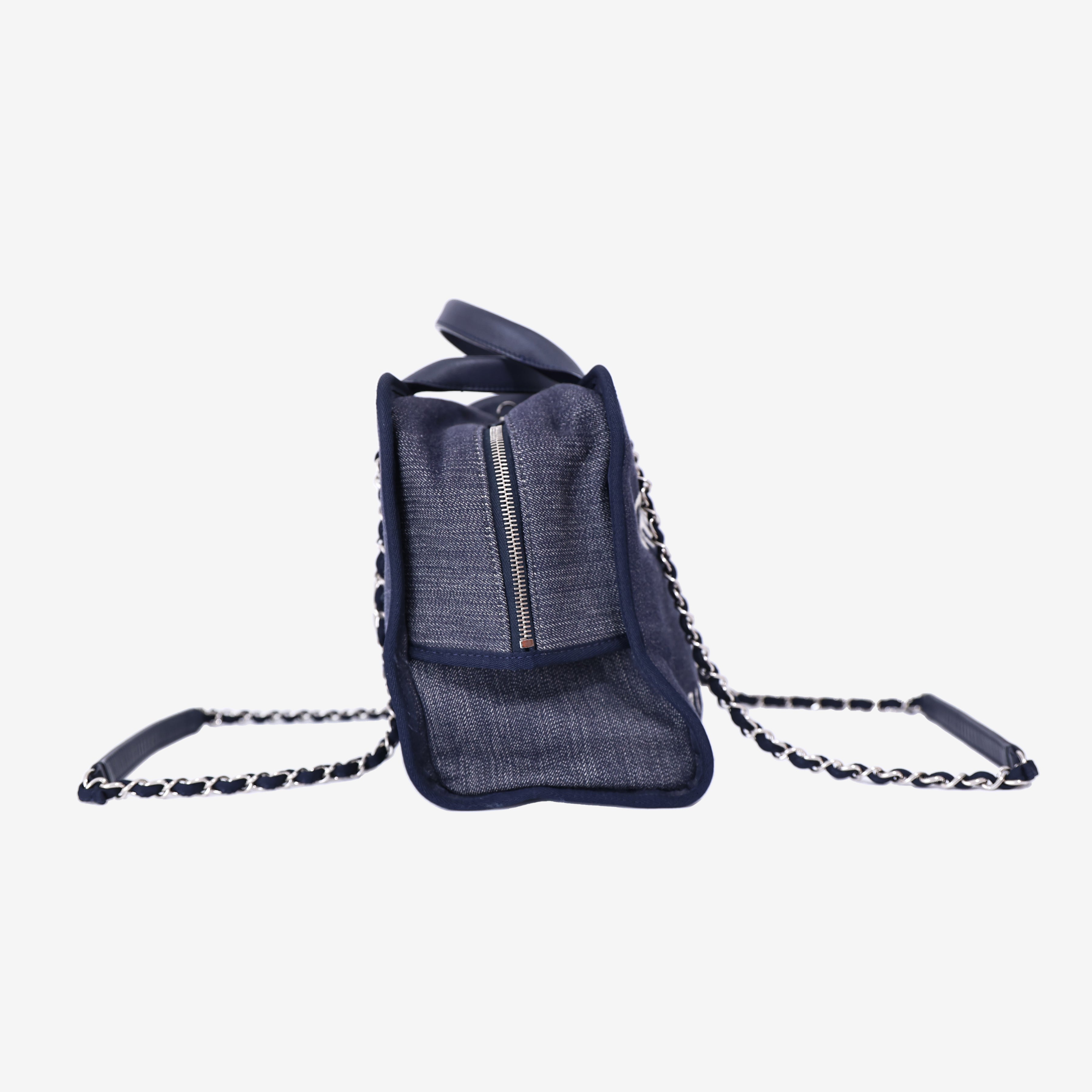 Chanel Large Bowling Bag in Blue Denim & Calfskin Leather with Silver Hardware side view