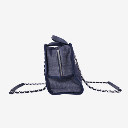 Chanel Large Bowling Bag in Blue Denim & Calfskin Leather with Silver Hardware side view