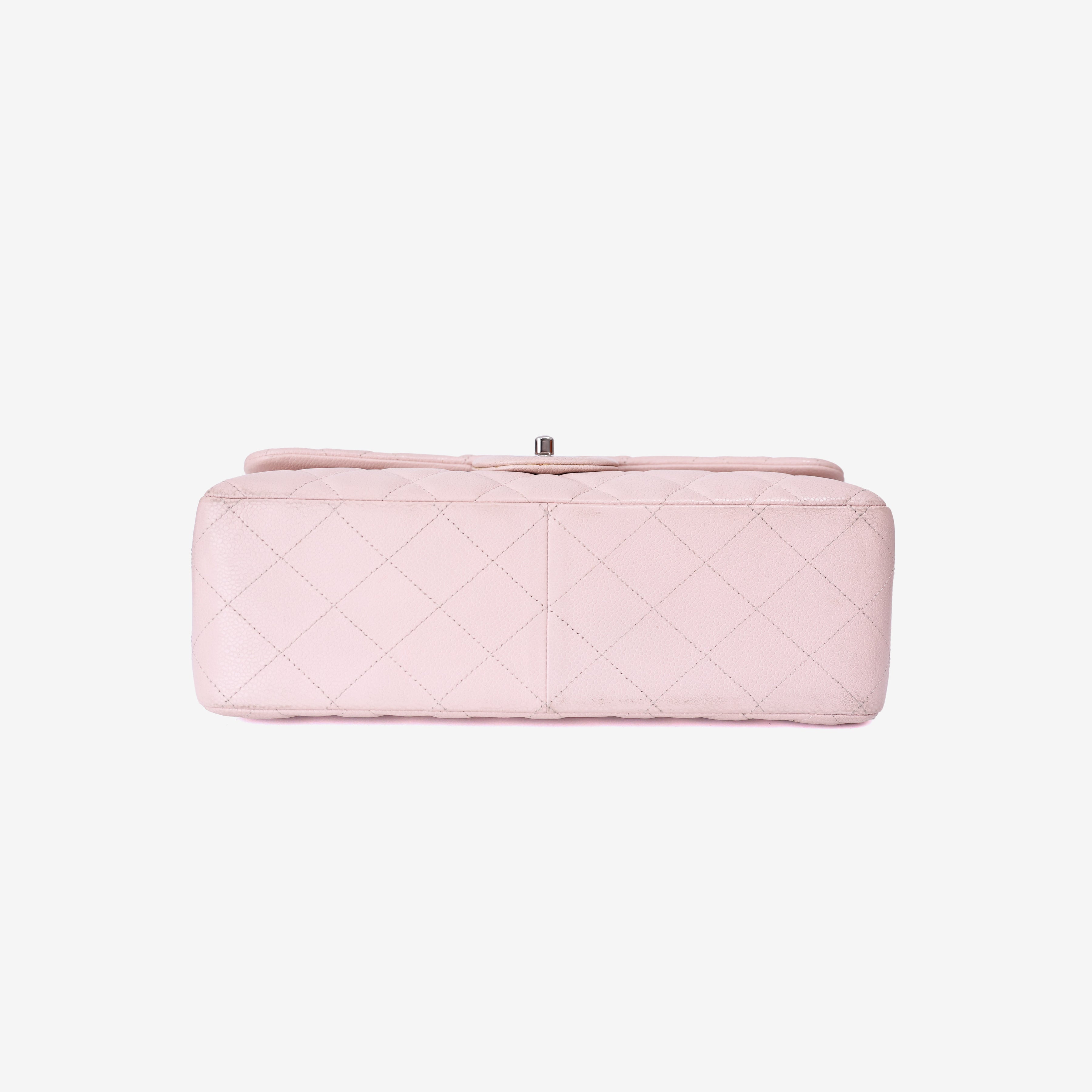 Chanel Classic Jumbo Flap Bag in Light Pink Grained Calfskin Leather with Silver Hardware bottom view