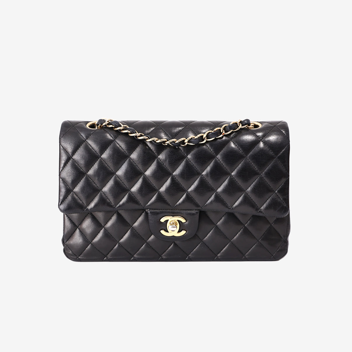 Chanel Classic Double Flap Bag in Black Lambskin Leather with Gold Hardware front view