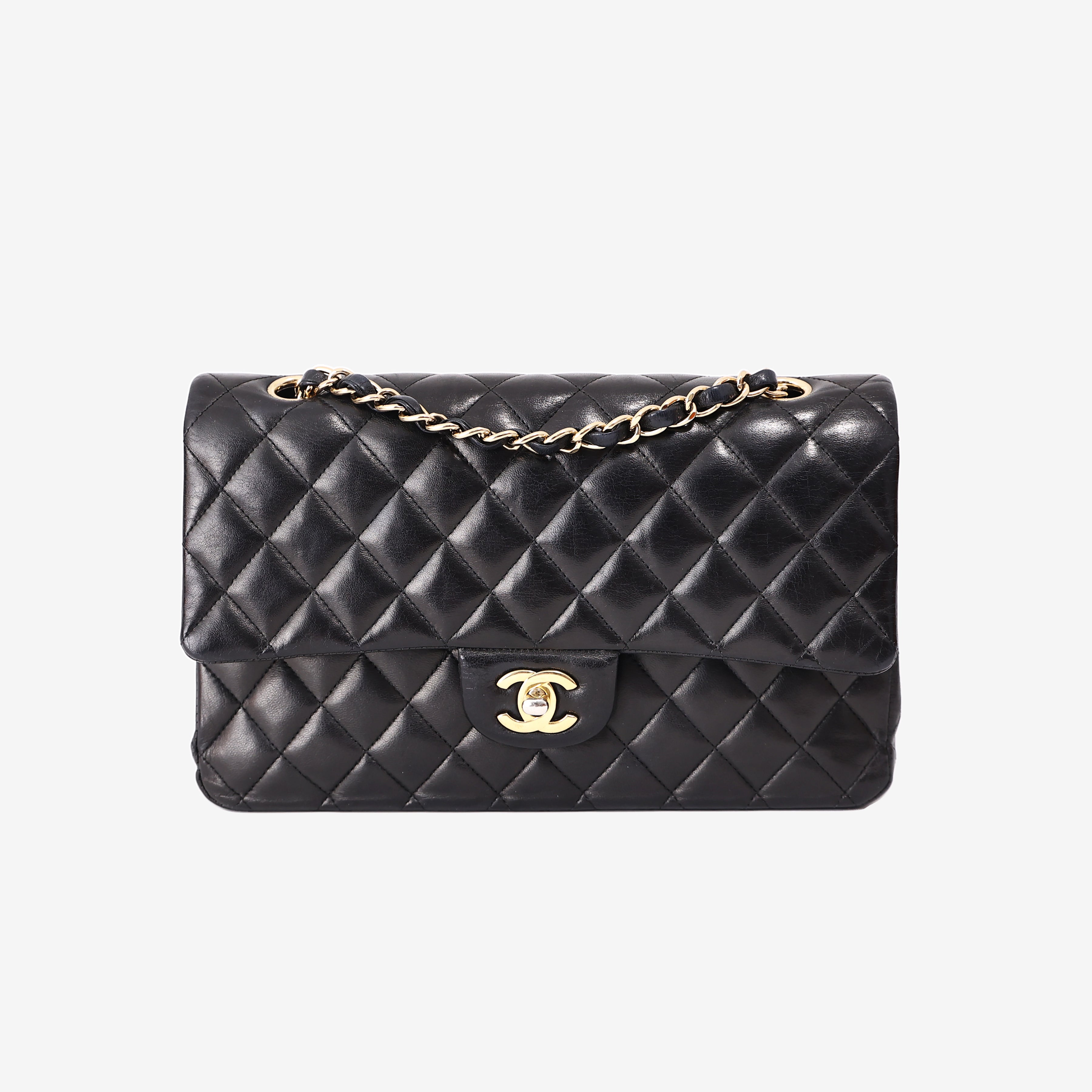 Chanel Classic Double Flap Bag in Black Lambskin Leather with Gold Hardware front view