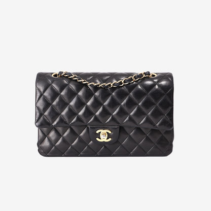 Chanel Classic Double Flap Bag in Black Lambskin Leather with Gold Hardware front view