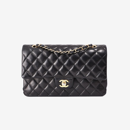 Chanel Classic Double Flap Bag in Black Lambskin Leather with Gold Hardware front view