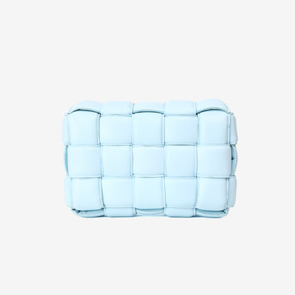Bottega Veneta Padded Cassette Bag in Light Blue Woven Calf Leather with Gold Hardware